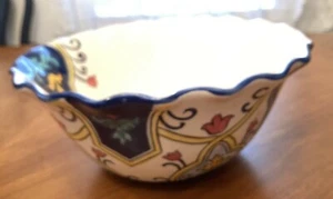 Blue Turg Maxcera Tuscany Spanish Pottery Pedestal Fruit Salad Bowl Scallop Edge - Picture 1 of 6