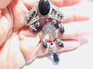 Broche Colgante Lágrima Metal Texturizado Cuentas Negras Tono Plateado Vintage - Imagen 1 de 4