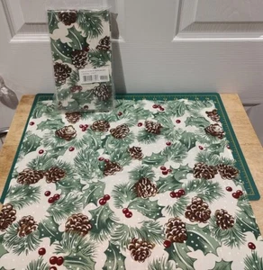 Set 4 pezzi tovaglioli di lino agrifoglio natalizio e pinecone - tovaglioli da tavolo per le vacanze - Foto 1 di 3