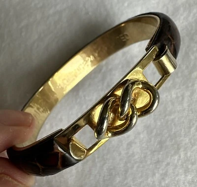 Vintage Signed 24K Gold Plated Cuff Bracelet ￼Bangle Brown Leather Italy￼￼ - Image 1 of 4