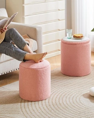 Set of 2 Round Storage Ottomans – Fleece Vanity Stools, Footrest & Side Tables - Image 1 of 4
