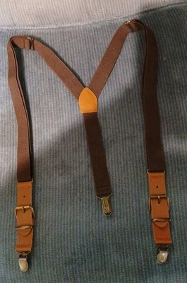 Men Y Back 3 Clip Suspender Brown Elastic Faux Leather Strap Adjustable Stretch  - Image 1 of 4