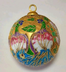Decorazione Albero di Natale Cloisonne Pavone Pavone Fiori Colorati Palla Oro - Foto 1 di 5