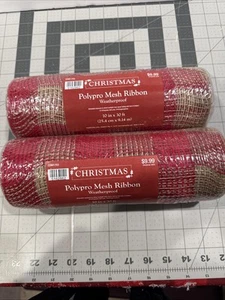 Christmas Poly Pro Mesh Ribbon Weatherproof 10” X 30’ Set Of 2 red and tan - Picture 1 of 2
