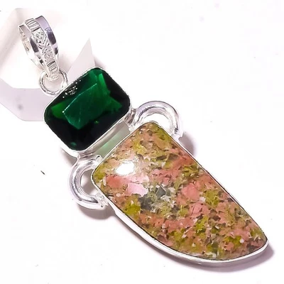 Unakite Chrome Diopside Gemstone Handmade Antique Jewelry Pendant 2.7" j980 - Image 1 of 2
