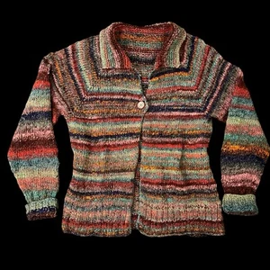 Hand Knit Cotton Variegated Long Sleeve One Button Cardigan Women’s Large - Picture 1 of 7