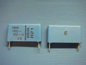 (5) WIMA FKP1 2200/1600/5 2200pF .0022uF 1600V 5% 22.5mm POLY PP FILM CAPACITOR - Bild 1 von 3