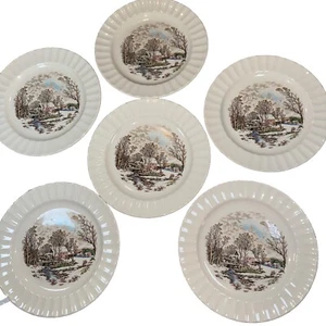 Edwin Knowles Olde Mill Winter Covered Bridge Lot Of 6 Salad Plates 9.25” - Picture 1 of 5