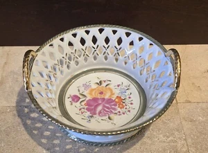 Floral Porcelain Basket Weave Trinket Dish Bowl with Gold Trim - Picture 1 of 8