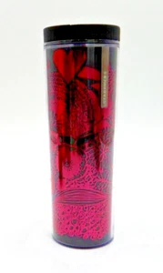 16oz Starbucks 2013 Hot Pink,Red & Blk Hearts & Flowers Silver Logo Tumbler - Picture 1 of 9