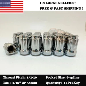 16PC 1/2-20 FOR FORD 1.38" TALL CHROME 6-SPLINE ACORN LUG NUTS + SECURE KEY - Picture 1 of 8