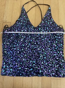 Women’s Halterneck Blue Sequin Party Top - Sleeveless Sparkle Blouse - Picture 1 of 7