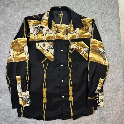 Rodeo Western Shirt Size 40 Cowboy Roping All Over Print Pearl Snap Bulls  - Image 1 of 4