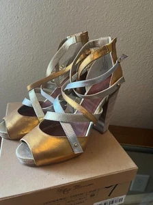 Matt Bernson Size 9 M Multistrap Wooden High Heel Metallic Silver Gold Leather - Picture 1 of 5