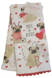 Isaac Mizrahi Kitchen Towels Pugs & Kisses 18" x 28" Set of Two - Picture 1 of 3