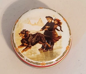 Vintage Hunkydory Designs Ernest Nister Dog Pulling Children on Ice Round Tin - Picture 1 of 6