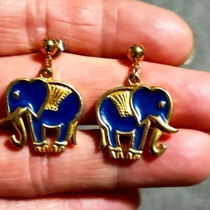 Avon Vintage Cobalt Blue Lucky Elephant Gold-Tone Drop Post 1.1" Earrings - Picture 1 of 7