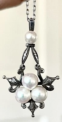 Exquisito collar colgante antiguo Mikimoto de 4 perlas de plata de ley Foto 1 de 4