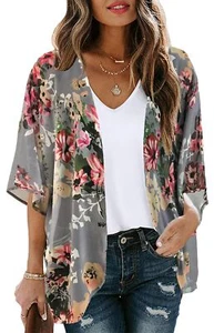 Women's Floral Print Puff Sleeve Kimono Cardigan Loose Cover Up Casual Blouse... - Picture 1 of 7