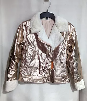 Arizona Jean Co Girl's Metallic Rose Faux Fur & Faux Leather Moto Jacket-Size L - Image 1 of 4
