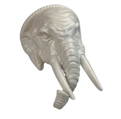 "Soporte de pared cabeza de elefante de porcelana esmaltada blanca italiana mediados de siglo de 14,5"" de colección" Foto 1 de 4