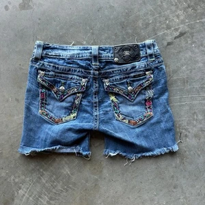 Miss Me Jeans Denim Shorts Womens 29 Blue Cut Offs Distressed Embroidered Pocket - Picture 1 of 9