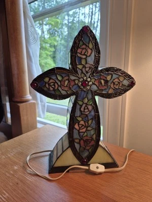 Tiffany Style Real Stained Glass Cross Table Light Lamp Flowers Roses 12.5" Tall - Image 1 of 4