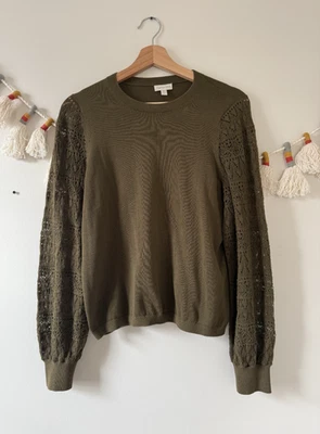 Garnet Hill Lorelei Pima Cotton Lace Sleeve Knit Sweater Preppy Cottage Dainty S - Image 1 of 4