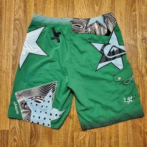 Vintage 90s Quiksilver Board Shorts Men 36 Green Swim Trunks Beach Surf Stars - Picture 1 of 9