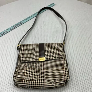 Vtg 90s Lauren Ralph Lauren Houndstooth Coated Canvas Leather Satchel Crossbody - Picture 1 of 15