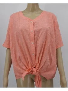STYLE & COMPANY Womens Coral Short Sleeve V Neck Button Up Top Size: S - Picture 1 of 6