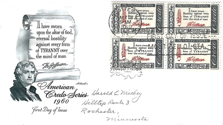 American Credo Series Jefferson Sworn Upon Altar Of God May 18 1960 FDC Vintage - Image 1 of 1