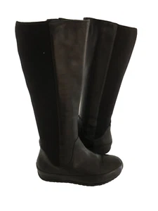 FITFLOP SUPERBOOT Black Leather Stretch Tall Full Zip Wedge Boots US 5 EUC NICE! - Picture 1 of 12
