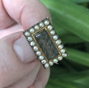 Antique Georgian 1820 9k ct gold seed pearls braided hair mourning pin brooch #2