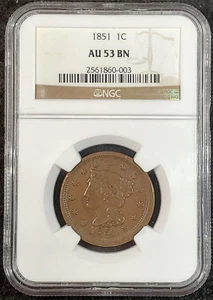 1851 NGC AU53 BN Braided Hair Large Cent 2561860-003 Exquisite Coin - Picture 1 of 10