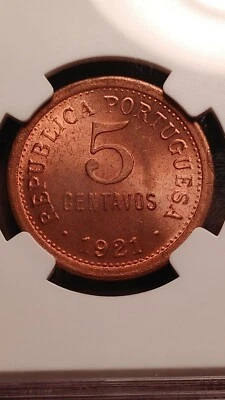 1921 Portugal 5 Centavos  NGC MS64 RD Red Great Luster Flashy Red Coin      1450 - Image 1 of 4