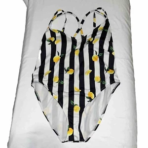 No Boundaries One Piece Swimsuit Size 1X (17) Junior’s Black White Stripe Lemons - Picture 1 of 8
