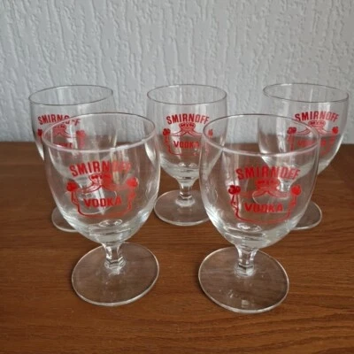 5 x SMIRNOFF VODKA Glasses Stemmed Logo Red Etched Clear Alcohol Bar Vintage - Image 1 of 4