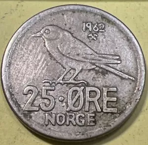 Moneda de 25 minerales Noruega Norge 1962 Olav V — Lote # 32xy.9 - Imagen 1 de 4