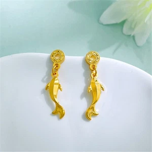 Real Pure 999 24K Yellow Gold Women 3D Lucky Fish Dangle Earrings 1.9-2.1g - Picture 1 of 5