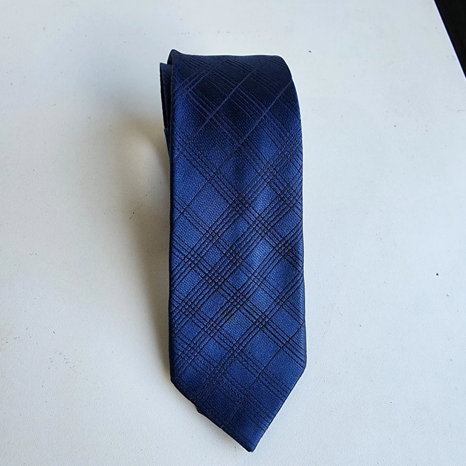 Van Heusen Studio Navy Blue Plaid  100% Silk Tie - Image 1 of 4