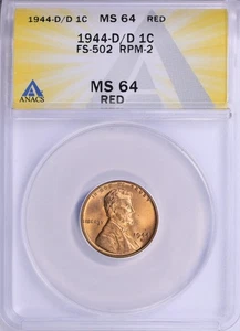 1944-D/D ANACS MS64 RED FS-502 RPM-2 Lincoln Cent - Bild 1 von 3