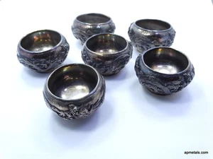 6pc Set Signed Antique Repousse DRAGON 900 Silver JAPAN small SAKE Cups Glasses - Picture 1 of 13