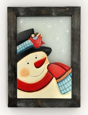Vidrio esmerilado enmarcado para clima con incrustaciones de madera de muñeco de nieve colgante de pared 15,5" x 11,5" Foto 1 de 4
