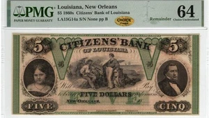 PMG 64 NEW ORLEANS LOUISIANA 1860s $5 Citizens Bank, Civil War Currency Banknote - Bild 1 von 6