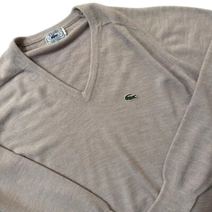 VINTAGE 80s Izod Lacoste Sweater Mens Large Tan V Neck Pullover - Picture 1 of 7