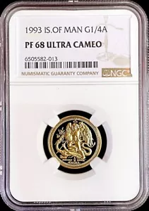 1993 GOLD ISLE OF MAN 1/4 oz ANGEL COIN NGC PROOF 68 ULTRA CAMEO - Picture 1 of 2