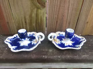 Antique Meissen Hand Held Chamber Candlestick Holders Pair blue white gold 6" - Picture 1 of 10