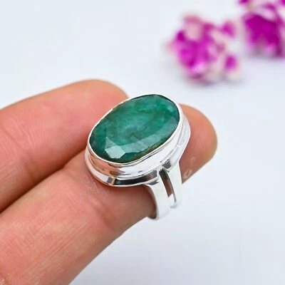 Emerald Lab-Created Gemstone Handmade 925 Sterling Silver Handmade Jewelry Ring - Image 1 of 4