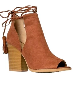 Qupid Ankle Bootie Lace Up Peep Toe Cutout Mule Stack High Heel Faux Suede Sz 9 - Picture 1 of 19